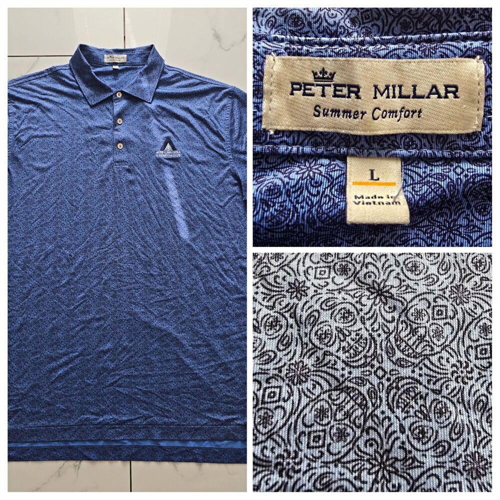 Peter Millar Summer Comfort Golf Polo Mens L Blue Paisley Geometric Skull Coco
